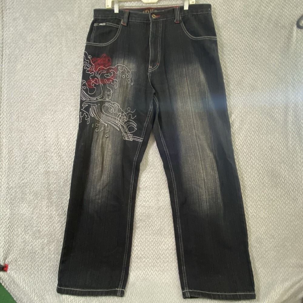 Vtg Paco Jeans Mens 36x32 Baggy Wide Leg Pants Blue Skater Embroidered Y2K